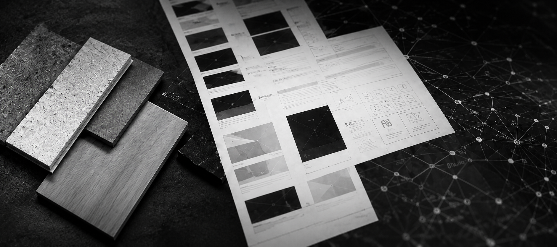 Materialmuster, ausgedruckte Website-Layouts und ein Netzwerkdiagramm auf einem Arbeitstisch