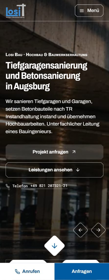 Neue Startseite am Telefon: Überschrift, Anfrage-Schaltflächen und feste Leiste mit Anrufen und Anfragen