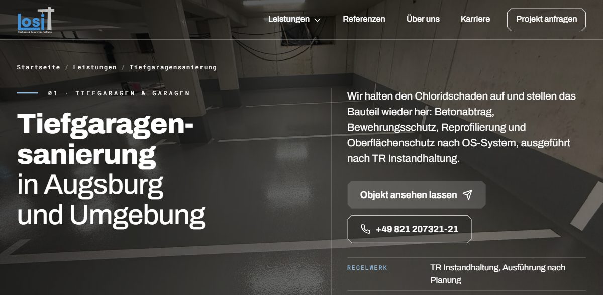Leistungsseite Tiefgaragensanierung in Tablet-Breite: Überschrift, Kurzbeschreibung des Verfahrens und Anfrage-Schaltflächen