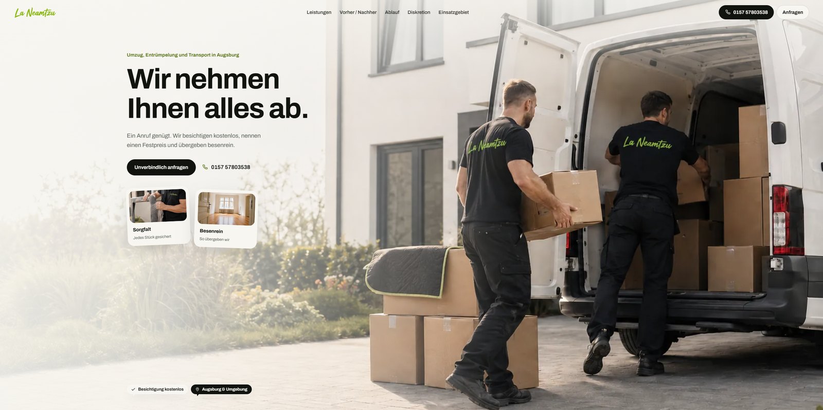 Startseite von la-neamtzu.de am Monitor mit der Zeile „Wir nehmen Ihnen alles ab.“
