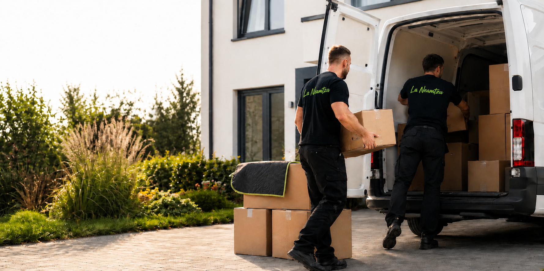 Zwei Umzugshelfer verladen Kartons in einen Transporter vor einem Wohnhaus