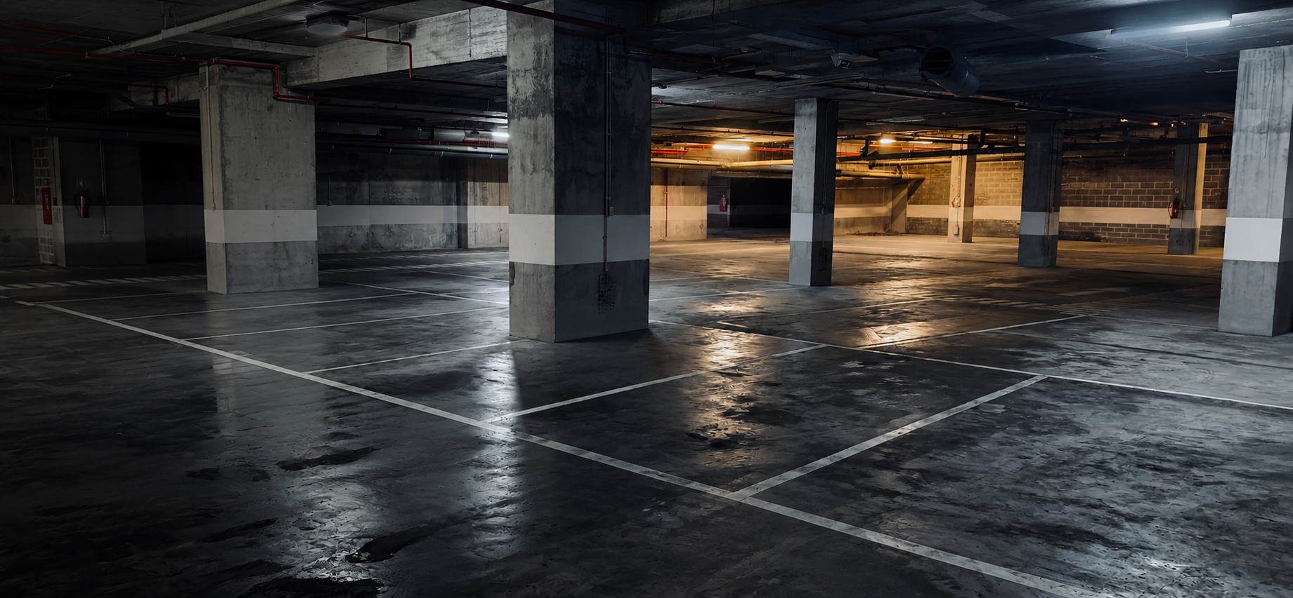 Leere Tiefgarage mit Betonstützen und markierten Stellplätzen