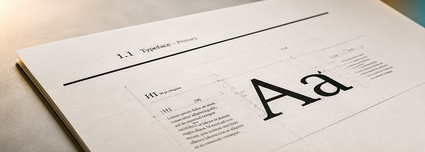 Aufgeschlagenes Typografie-Handbuch mit Rastermaßen, H1-Definition und großem Schriftmuster