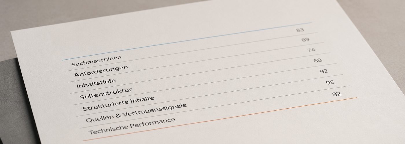 Analyseblatt mit bewerteten SEO-Kriterien von Suchmaschinen bis technischer Performance