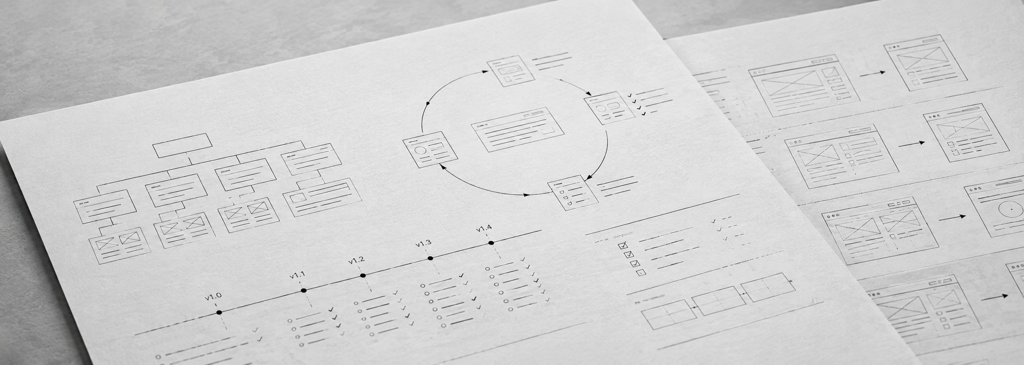 Ausgedruckte Planungsbögen: Seitenstruktur als Baumdiagramm, ein Kreislauf aus Prüfen und Verbessern, darunter eine Versionsleiste von v1.0 bis v1.4 mit abgehakten Punkten