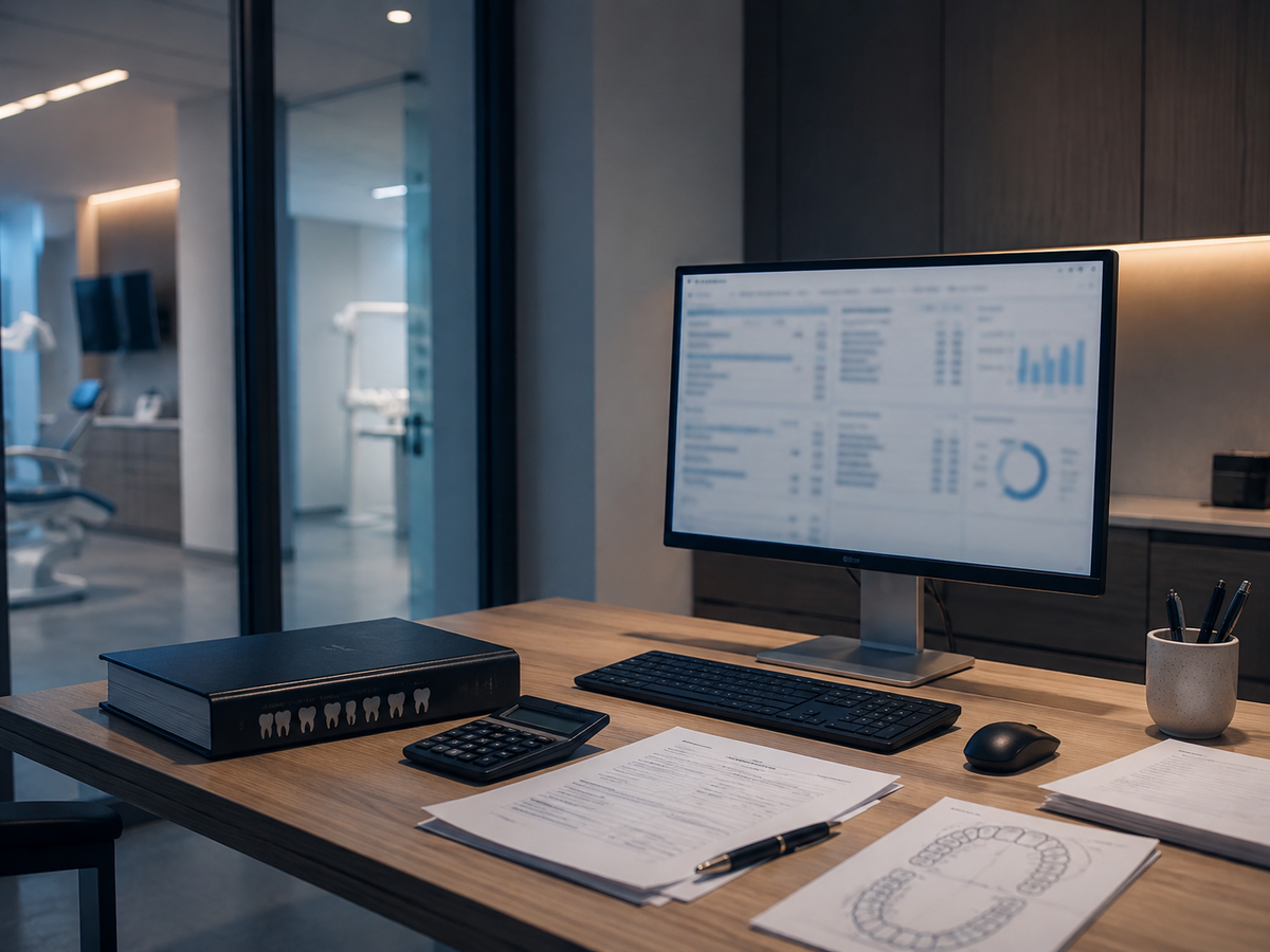 Arbeitsplatz in einer Zahnarztpraxis: Monitor mit geöffneter Abrechnungsübersicht, Abrechnungsunterlagen und Zahnschema auf dem Schreibtisch