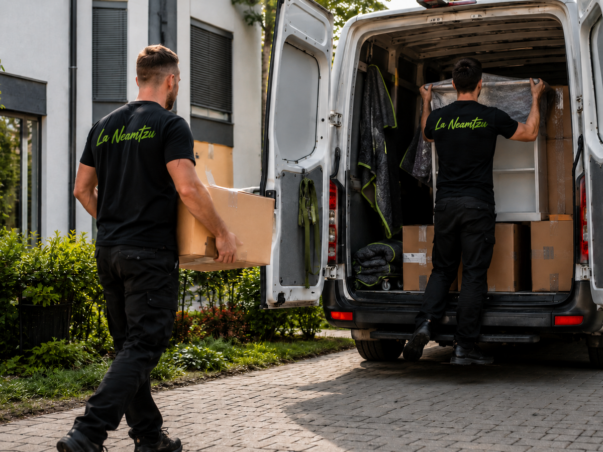 Zwei Mitarbeiter von La Neamtzu tragen Umzugskartons und Möbel in einen geöffneten Transporter