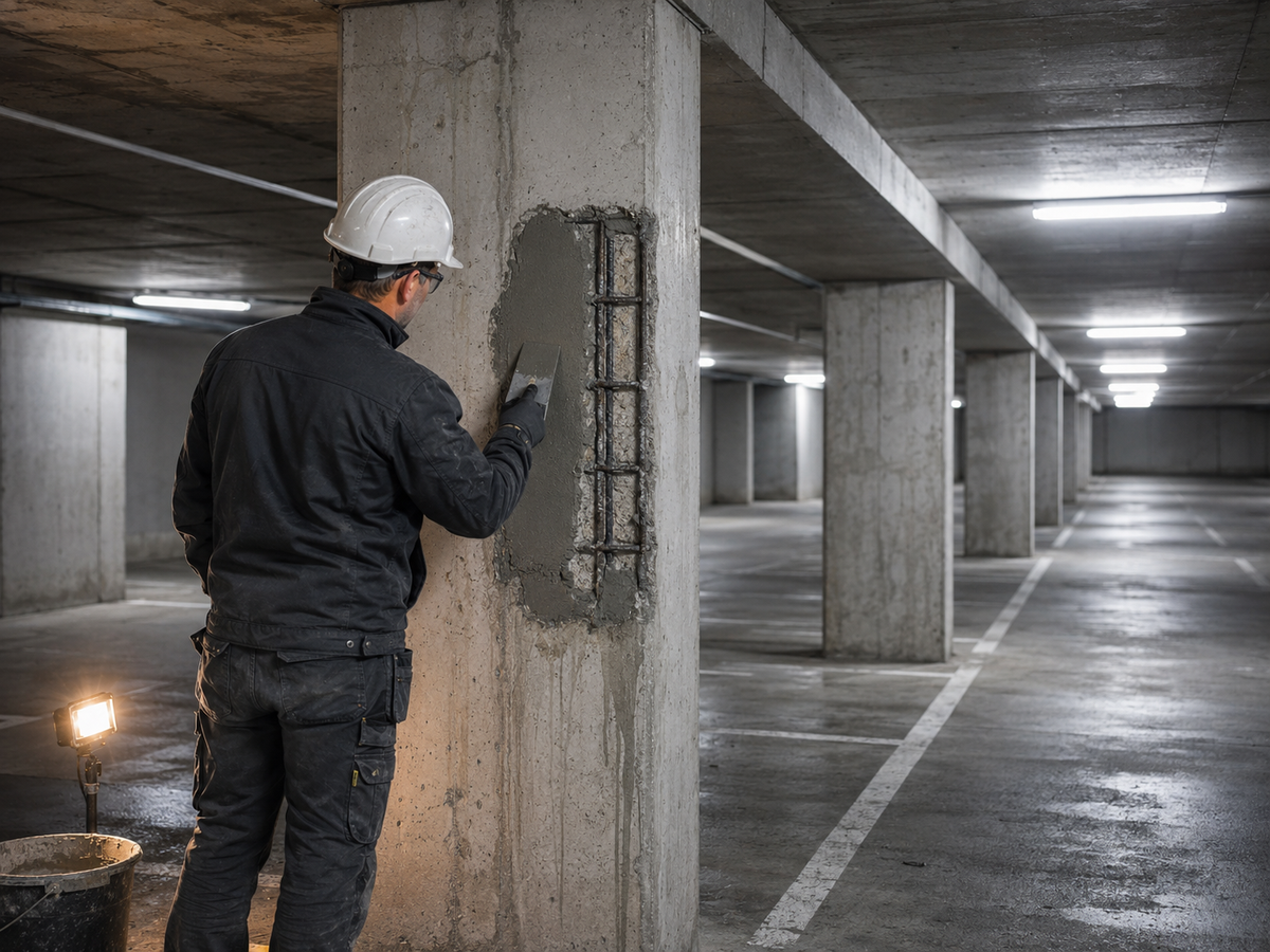 Handwerker von Losi Bau setzt eine Betonstütze in einer Tiefgarage instand: die freigelegte Bewehrung wird mit Mörtel reprofiliert