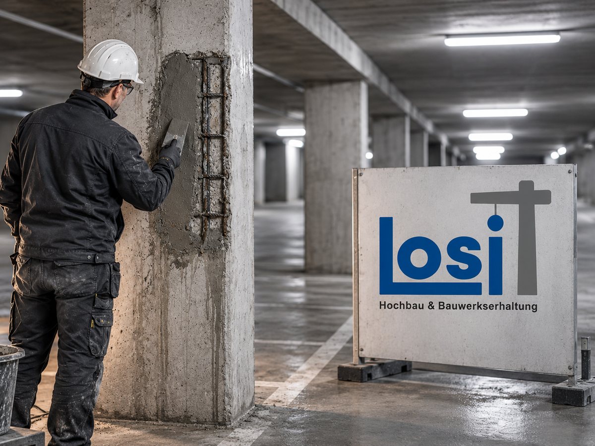 Handwerker reprofiliert eine Betonst&uuml;tze mit freigelegter Bewehrung in einer Tiefgarage, daneben ein Bauschild mit dem Logo von Losi Bau
