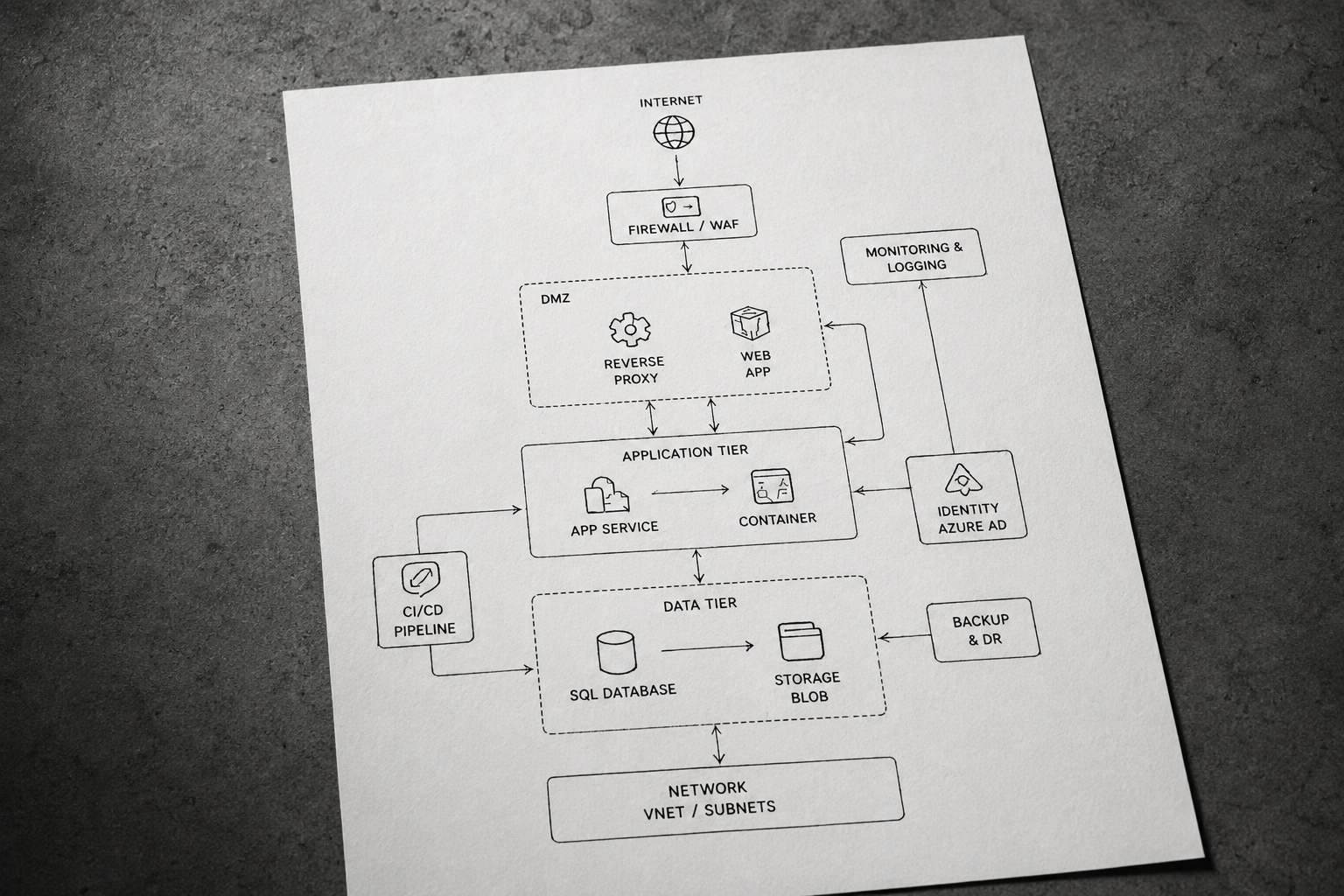 Handgezeichnetes Azure-Architekturdiagramm mit Firewall, DMZ, Application Tier und Data Tier