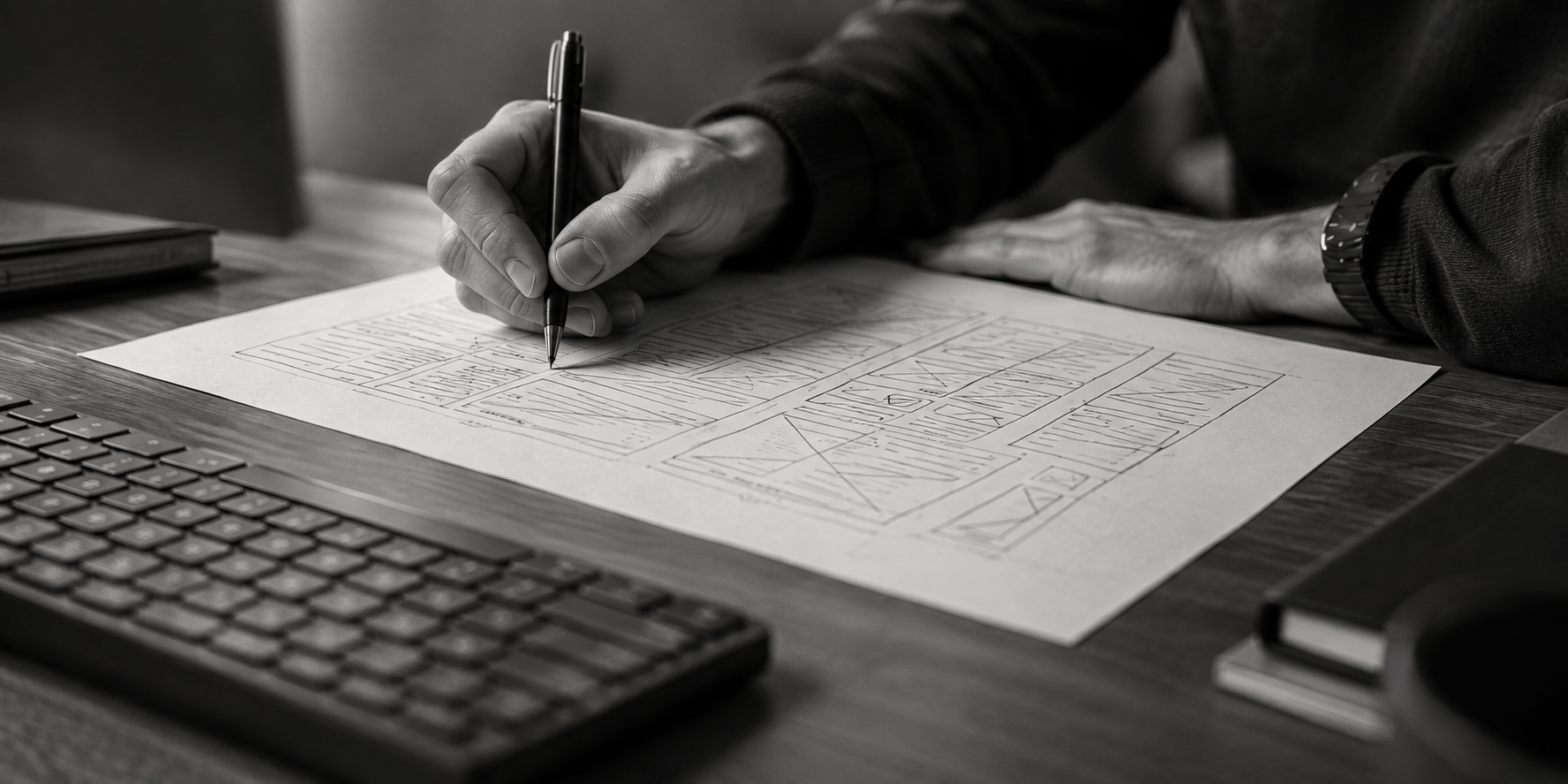 Kay Strack skizziert ein Website-Wireframe auf Papier
