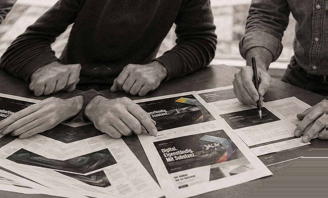 Zwei Personen stehen an einem Tisch und besprechen ausgedruckte Website-Layouts